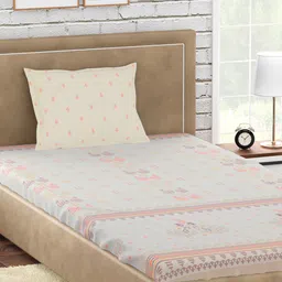 PETAL HOME Cream-Coloured & Pink Printed 300 TC Cotton Single Bedsheet with 1 Pillow Covers-image-76