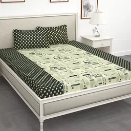 Story@home 210 TC Cream-Coloured Green Conversational King Bedsheet with 2 Pillow Covers-image-34