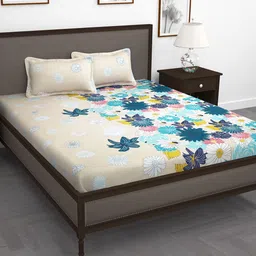 Story@home Cream-Coloured Blue Floral 210 TC King Bedsheet with 2 Pillow Covers-image-86