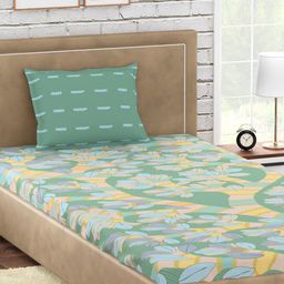 PETAL HOME Green & Orange 300 TC Single Floral Cotton Bedsheet with 1 Pillow Covers-image-30