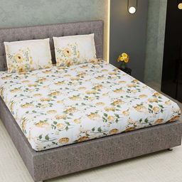 EasyGoods White Pure Cotton 320 TC Daisy Floral Print King Bedsheet with 2 Pillow Covers-picture-47