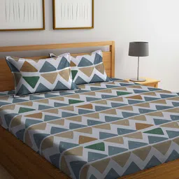 FABINALIV Grey & Green Geometric Polycotton 300 TC King Bedsheet With 2 Pillow Covers-image-96