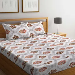 KLOTTHE White & brown Ethnic Motifs 300TC Fitted Double King Bedsheet With 2 Pillow Covers-image-25