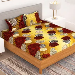 Bedspun Mustard & Brown Floral 150 TC Queen Bedsheet with 2 Pillow Covers-image-10