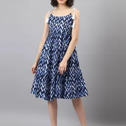 vibes by deebaco DEEBACO Navy Blue & White Chevron Printed Fit & Flare Dress-picture-16