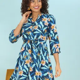 Freehand by The Indian Garage Co Floral Mandarin Collar Belted Button Down Dress-image-4