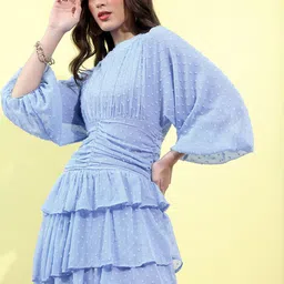 Tokyo Talkies Mock Neck Puff Sleeves Self Design Dress-image-11