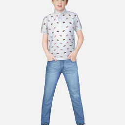Gini and Jony Boys White Conversational Printed Polo Collar Cotton T-shirt-97