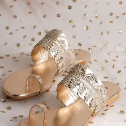 Anouk Gold-Toned Embellished Fabric Open One Toe Flats-19