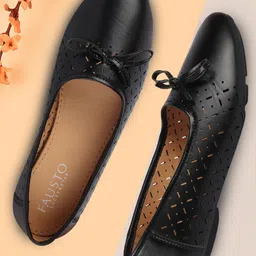 FAUSTO Women Black Textured Ballerinas with Laser Cuts Flats-44