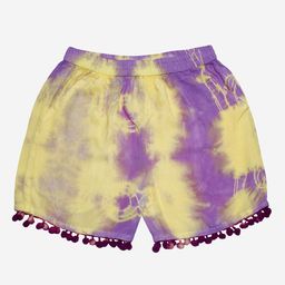KiddoPanti Girls Yellow & Purple Tie & Die Printed Shorts With Pom Poms-picture-8
