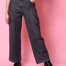 Freehand by The Indian Garage Co Women Grey Flared Clean Look Cargo Jeans-image-10