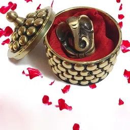 Divyakosh Black & Gold Toned Pocket Size Antique Oxidised Lord Ganesha Idol With Box-25