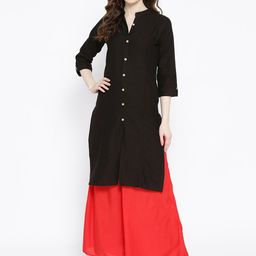KALINI Mandarin Collar Roll-Up Sleeves Cotton Straight Kurta-image-10