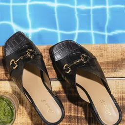Saint G Black Croco Embossed Leather Block Heel Mules-image-25