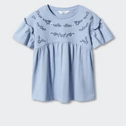 Mango Kids Girls Pure Cotton Floral Embroidered Flutter Sleeves Sustainable A-Line Top-image-22