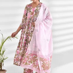 mokshi Floral Printed V-Neck Anarkali Kurta With Palazzos & Dupatta image 2