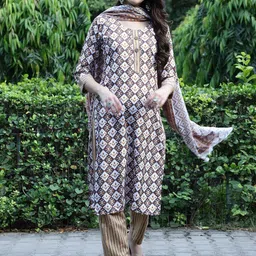 7Threads Ethnic Motifs Printed Pure Cotton Kurta with Trousers & Dupatta image 1