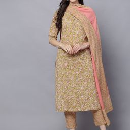 KALINI Ethnic Motifs Printed Regular Pure Cotton Kurta with Trousers & With Dupatta image 1