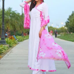 Thread & Button Women White Angrakha Kurta with Trousers & With Dupatta image 1