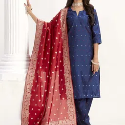 Sangria Geometric Woven Design Straight Kurta & Trousers With Dupatta image 2