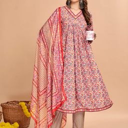 Anouk Red Floral Printed V-Neck Regular Kurta With Trousers & Dupatta image 1