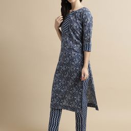 HERE&NOW Round Neck Paisley Motif Printed Regular Kurta with Trousers-13