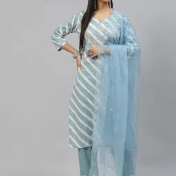 Divena Women Blue Leheriya Printed Gotta Patti Pure Cotton Kurta with Trousers & With Dupatta-35