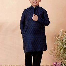 Manyavar Boys Navy Blue Ethnic Motifs Woven Kurta with Pyjamas-13
