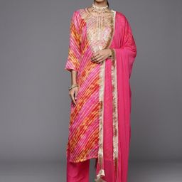 Varanga Pink Leheriya Printed Thread Work Straight Kurta & Trousers & With Dupatta-6