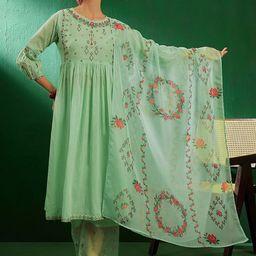 Sangria  Round neck three quarter sleeves Embroidered Pure Cotton Kurta Sets-27
