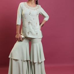 Vishudh Green Geometric Embroidered Mirror Work Kurti With Sharara-picture-10