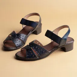 Ozuri Textured Leather Laser Cuts Open Toe Block Heels-12