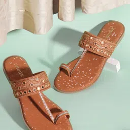 Anouk Tan Brown Embellished One Toe Flats-56