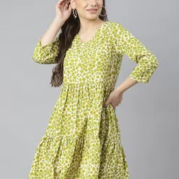 DEEBACO Lime Green & White Floral Tiered A-Line Dress-image-94