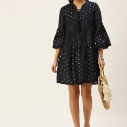 KALINI Print Tie-Up Neck Bell Sleeve A-Line Dress-image-25
