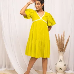 FIORRA Cotton V-Neck Flared Sleeve A-Line Casual Dress-image-26