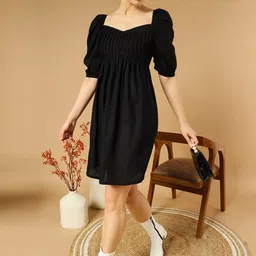 WoowZerz Sweetheart Neck Puff Sleeves Gathered Cotton A-Line Dress-picture-48