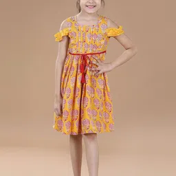 Hola Bonita Girls Floral Printed Cotton Flared Flutter Sleeve A-Line Dress-picture-0