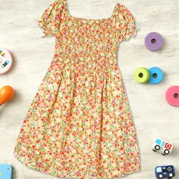 ZION Girls Floral Printed Square Neck Flutter Sleeves Smocking Fit & Flare Dress-image-59