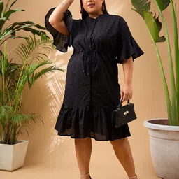 SASSAFRAS Curve Plus Size Black Schiffli Self Design Flared Sleeve Cotton A-Line Dress-31