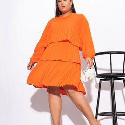 SASSAFRAS Curve Plus Size Accordion Pleats & Tiered Cuffed Sleeves A-Line Dress-image-74