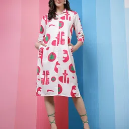 Athena White & Fuchsia Conversational Printed Shirt Dress-image-65
