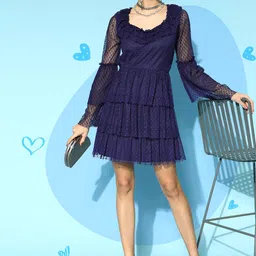 Athena Navy Blue Self Design Dobby Net A-Line Dress image 1