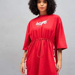SASSAFRAS Red Knitted Hope Typography Printed Cotton T-shirt Mini Dress-image-2