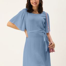 DressBerry Women Blue Solid Crepe A-Line Mini Dress-image-42