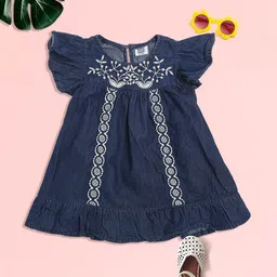 MeeMee Girls Blue Floral Embroidered A-Line Cotton Dress-picture-47
