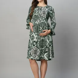MomToBe Ethnic Motifs Printed Bell Sleeve Maternity Fit & Flare Dress-picture-21
