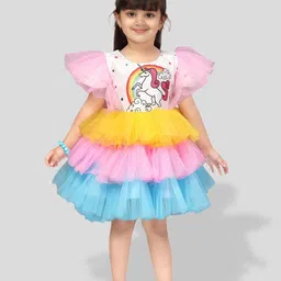 BAESD Girls Unicorn Printed Flutter Sleeve Layered Net Fit & Flare Dress-3