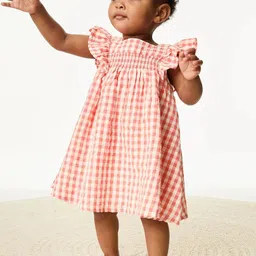 Marks & Spencer Girls Checked Square Neck Smocked Ruffled Pure Cotton A-Line Dress-picture-48